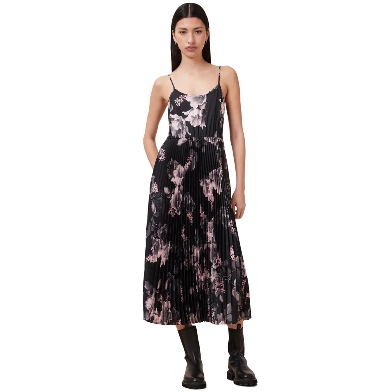 Allsaints Leowa Gia Floral Pleated Midi Dress Black Pink Womens Small